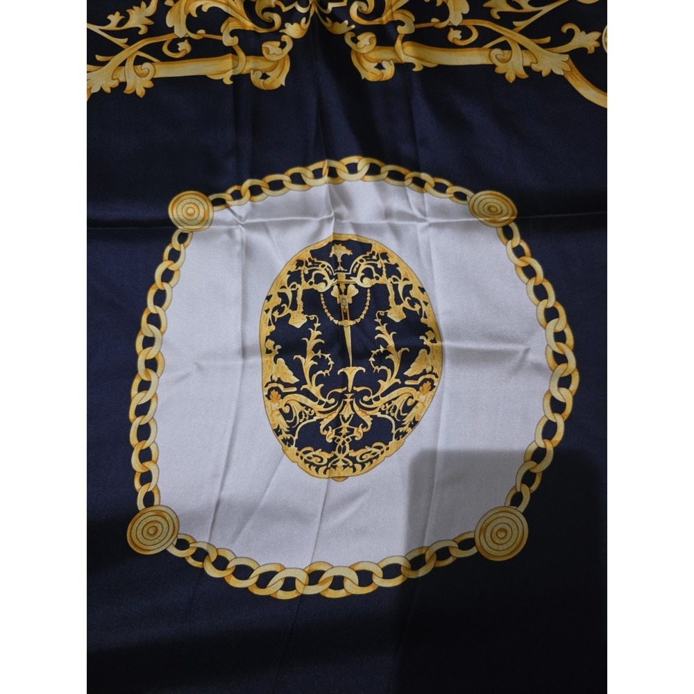 FABERGE Large Silk Scarf 32"x 32" Navy Blue Gold Square New With Box - Picture 4 of 11